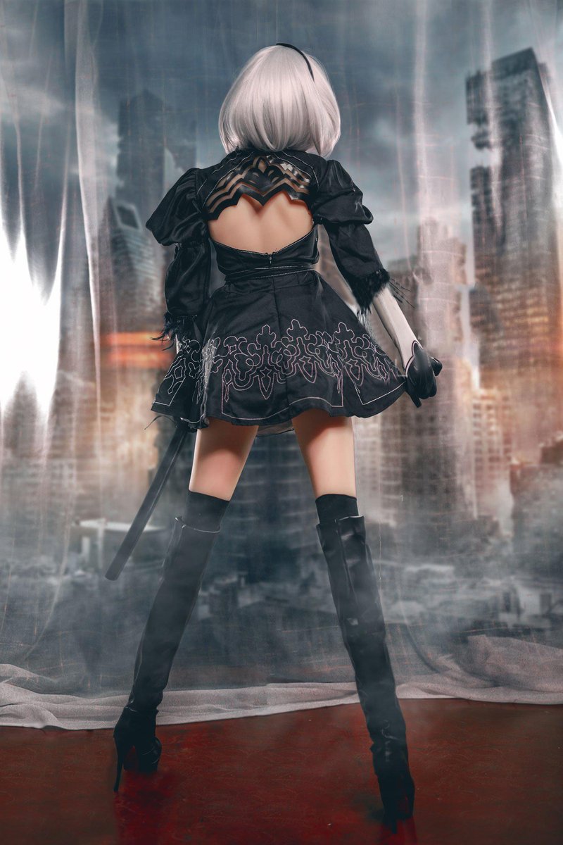 Back view of the 2B gaming sex doll costume with open back and sword