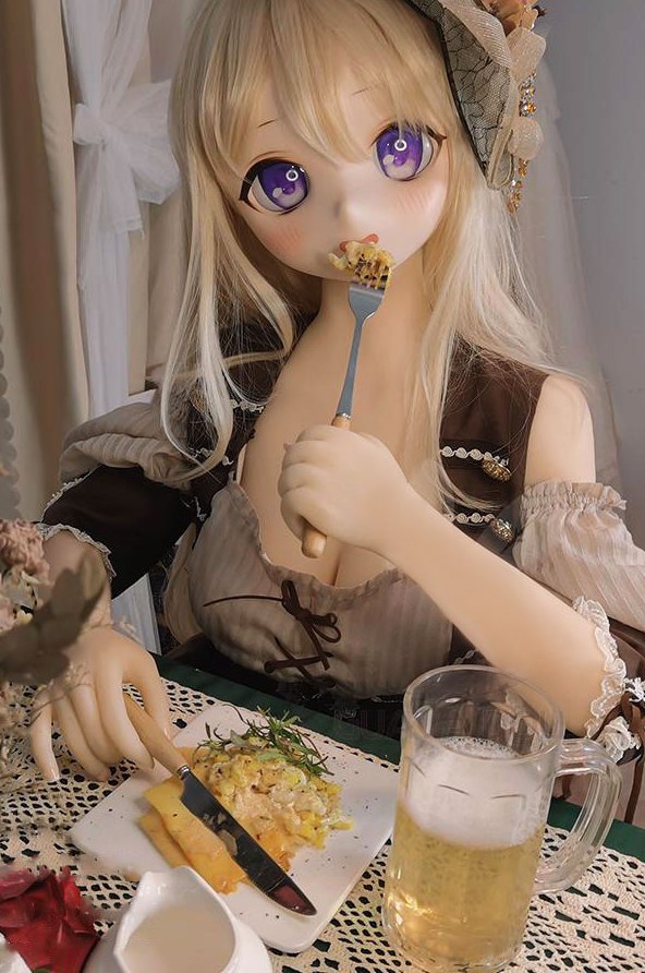 Abbey anime sex doll seated at a table with beer and food props in a tavern costume