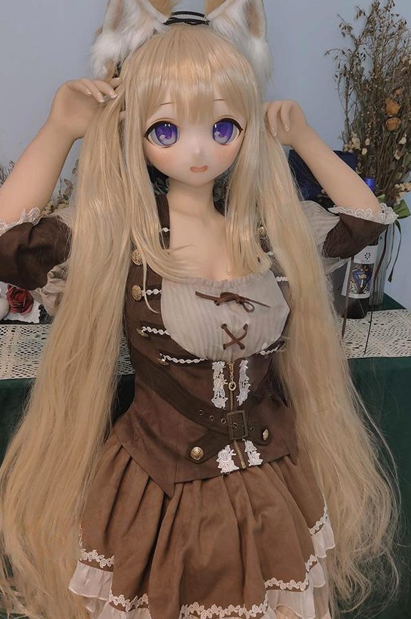 Abbey anime sex doll standing with animal ear headband and long blonde wig