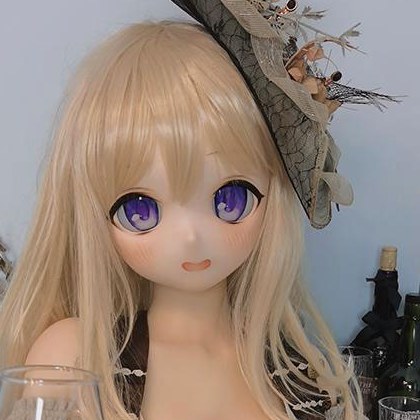 PVC anime head of the Abbey sex doll with large purple eyes and blonde wig