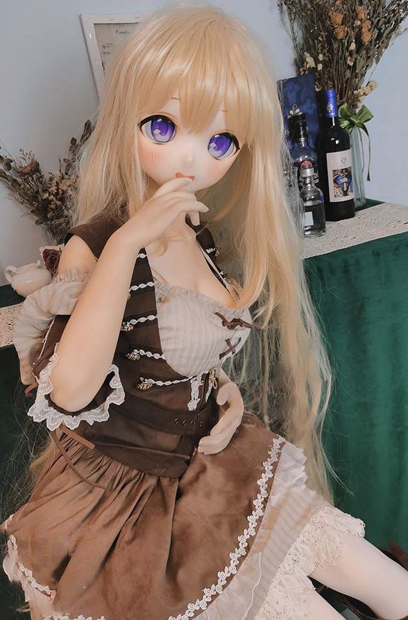 Abbey anime TPE sex doll standing in a brown tavern dress