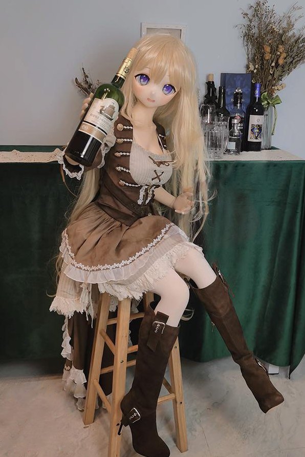 Abbey 150cm anime PVC head sex doll seated on a stool in boots holding a wine bottle