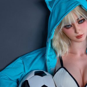 Akari, a 161 cm Asian silicone sex doll in a cat ear hoodie holding a football