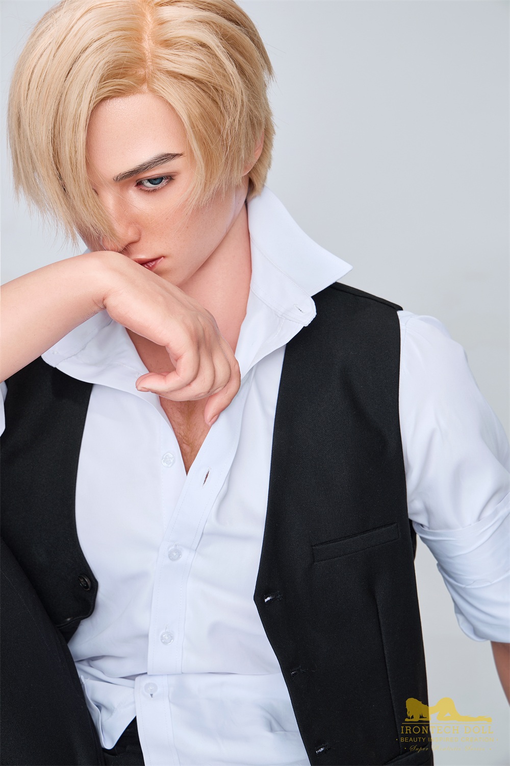 Close portrait of the Benjamin 170cm male doll in a black vest