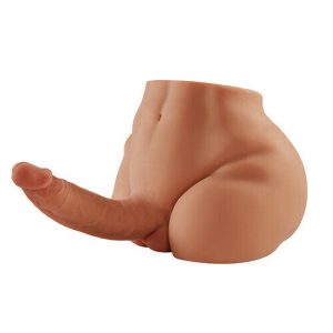 Male butt sex doll torso with flexible dildo in brown TPE on white