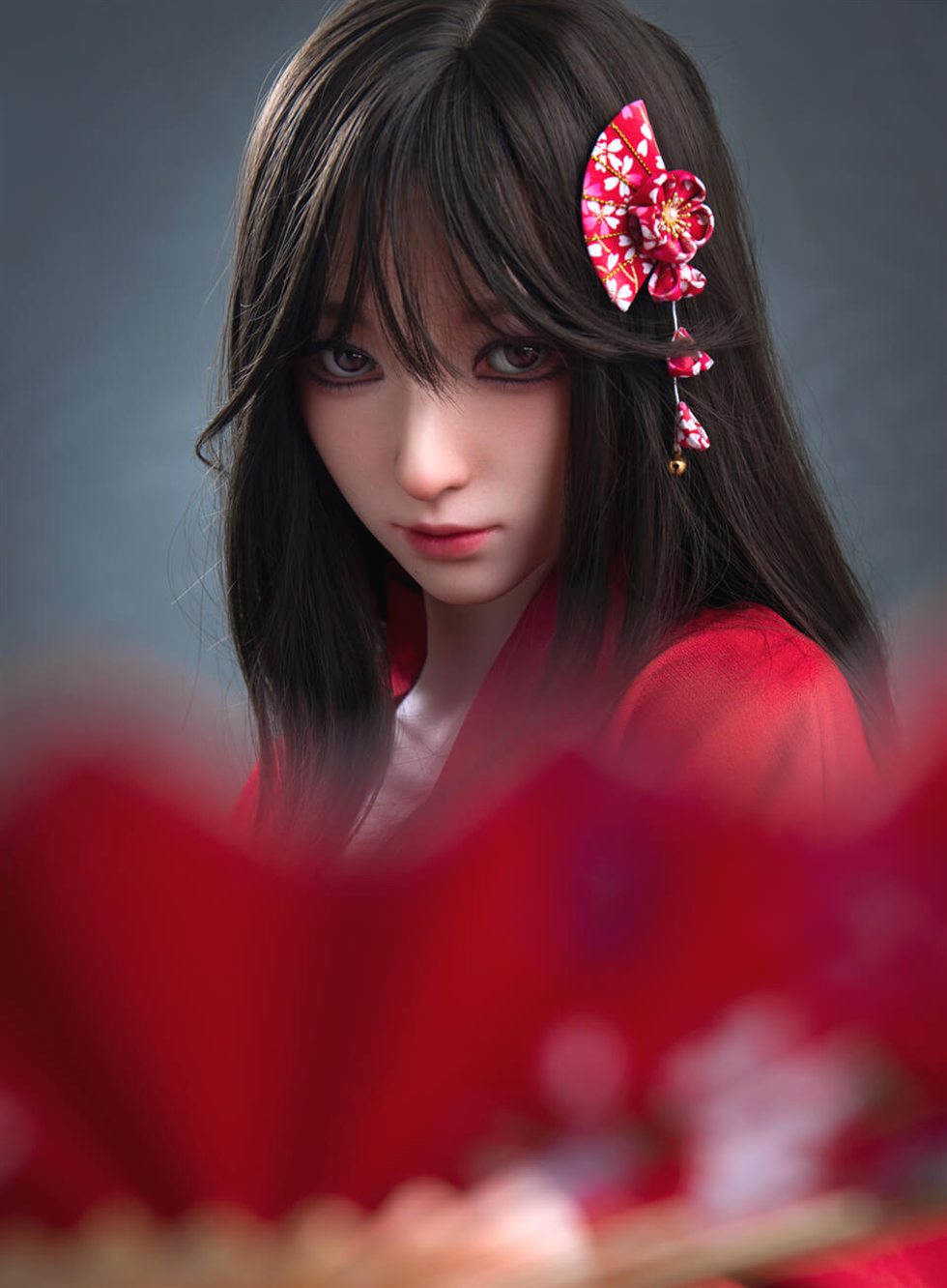 Portrait of Hinata, a 164 cm silicone sex doll behind a blurred red fan