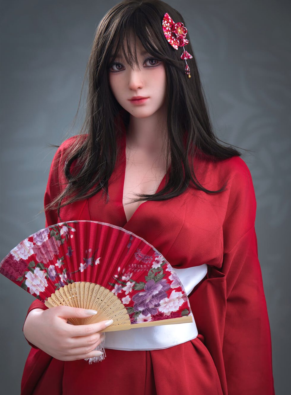 Hinata, a 164 cm silicone sex doll in a red kimono holding a folding fan