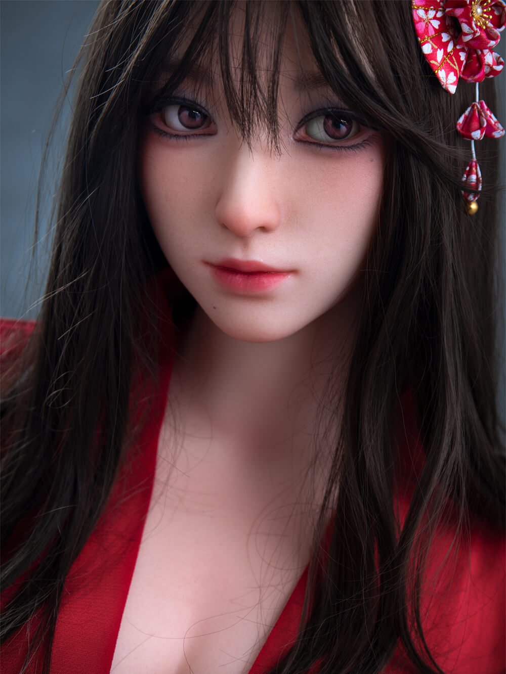 Hinata, a 164 cm silicone sex doll with a Japanese face sculpt, photographed in a red kimono