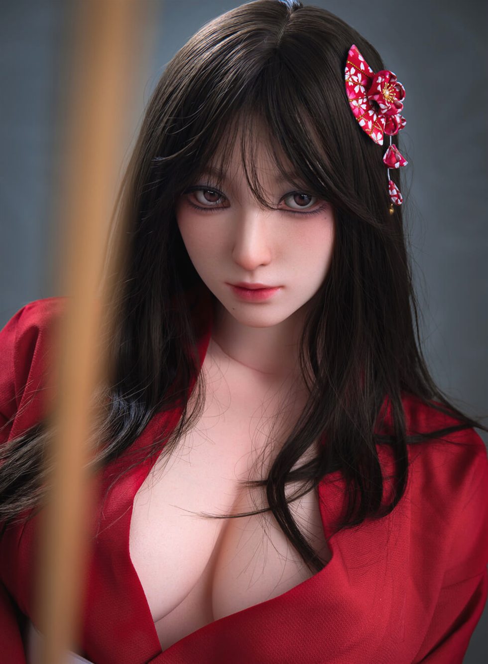 Hinata, a 164 cm silicone sex doll in an open neckline red kimono