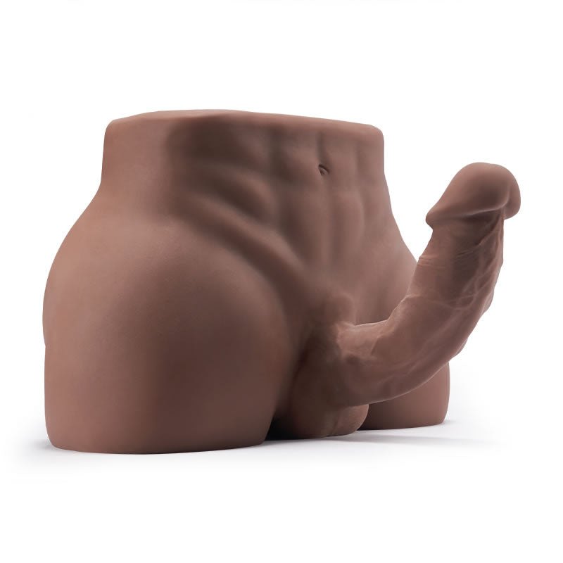Hunky male sex doll butt torso with bendable penis, tanned, side view