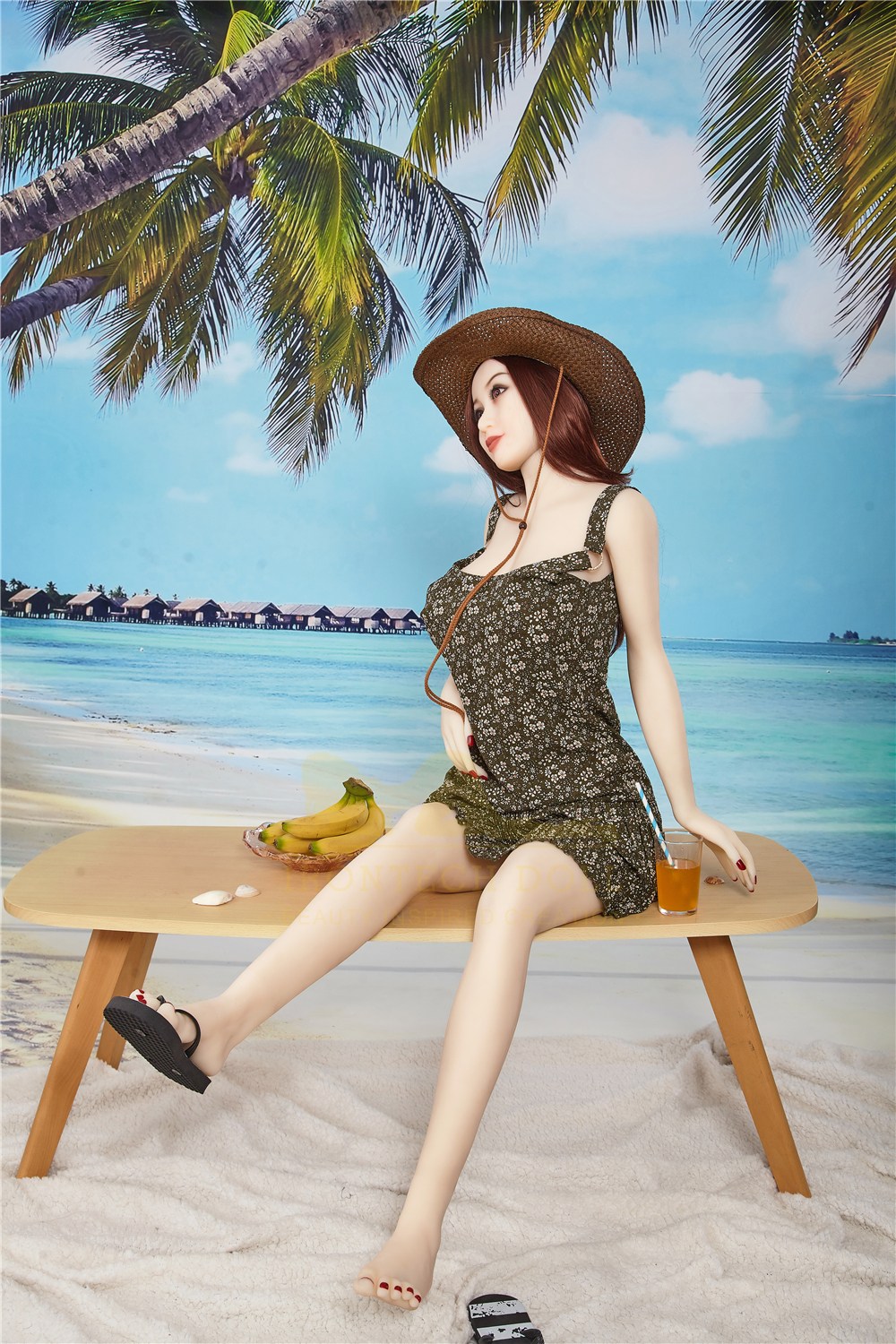 Isla, a 157 cm slim TPE sex doll on a bench