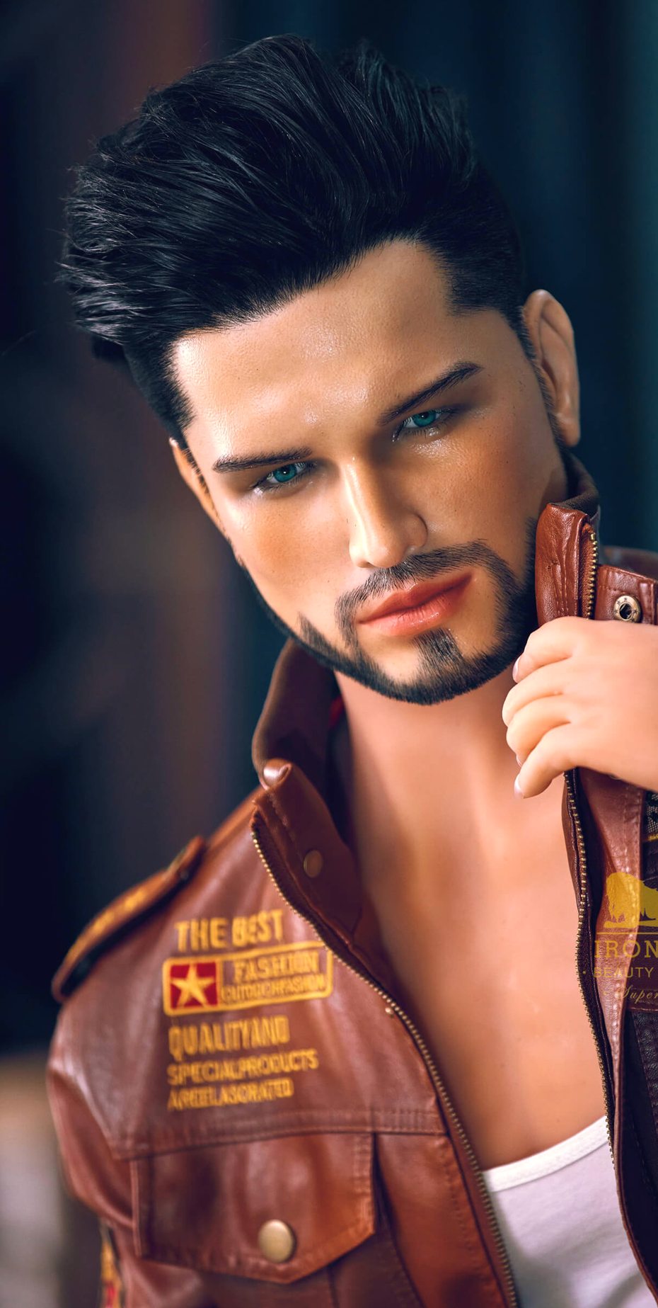 Face close-up of Liam, a 162 cm male sex doll with a flocked beard and blue eyes