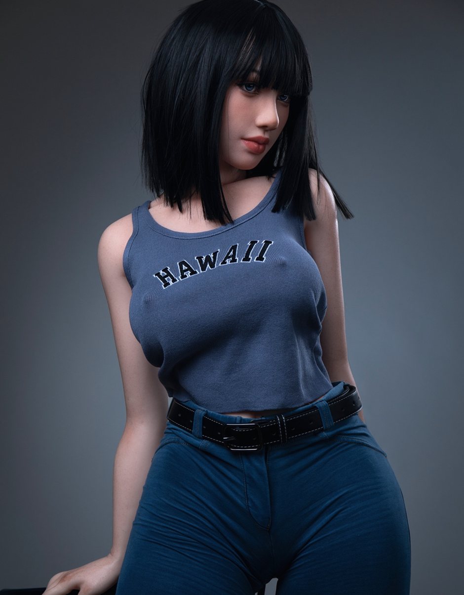 Torso of Magnolia, a 153 cm curvy silicone sex doll in a tank top and belt