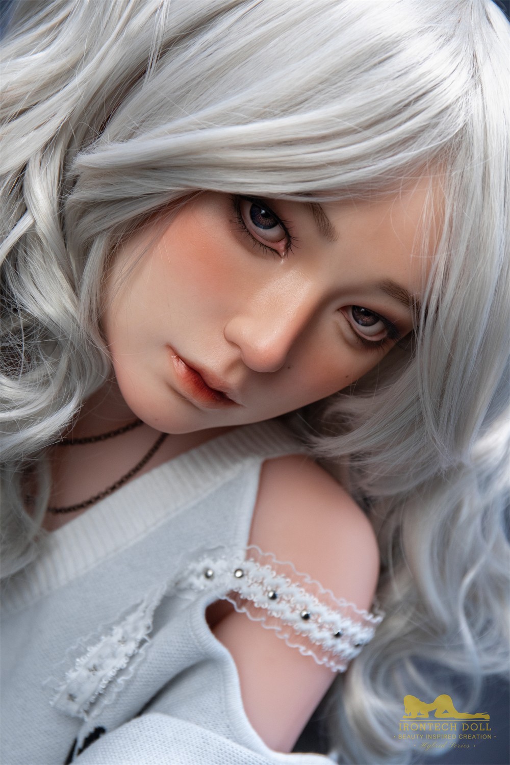 Face close-up of Olivia, a 154 cm hybrid sex doll with a silicone head