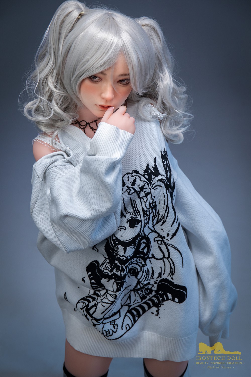 Portrait of Olivia, a 154 cm hybrid sex doll with silver curled hair