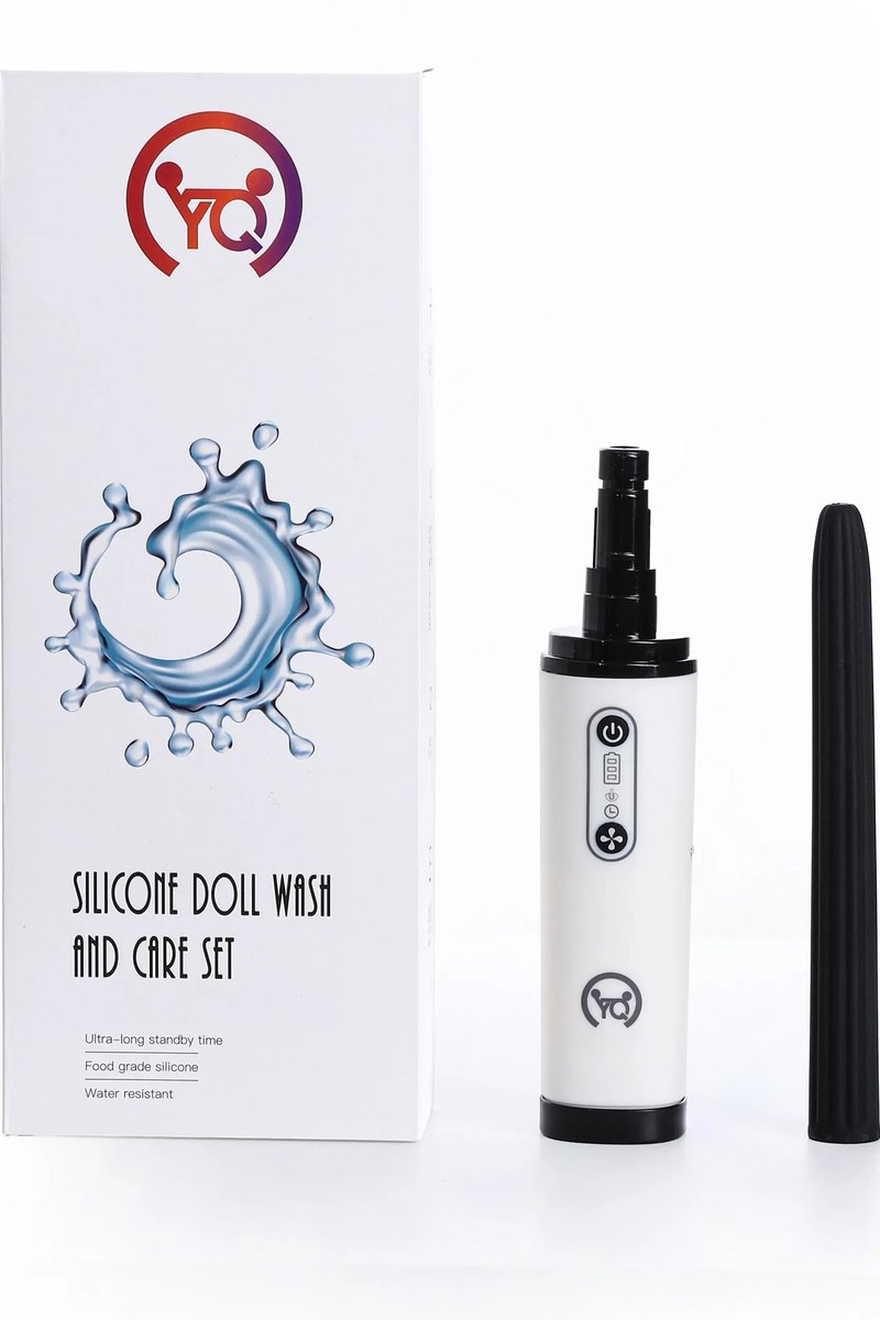 3 in 1 sex doll vaginal cleaning device standing beside its retail box with the UV lamp