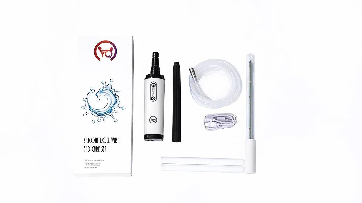 Full contents of the 3 in 1 sex doll vaginal cleaning kit laid out flat with the retail box