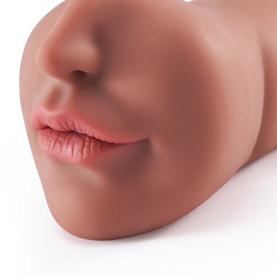 Lips and chin of the tanned blowjob male masturbator stroker, front close-up