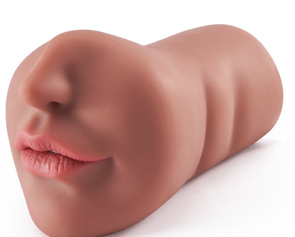 Side profile of the tanned mouth blowjob stroker showing the 16 cm length